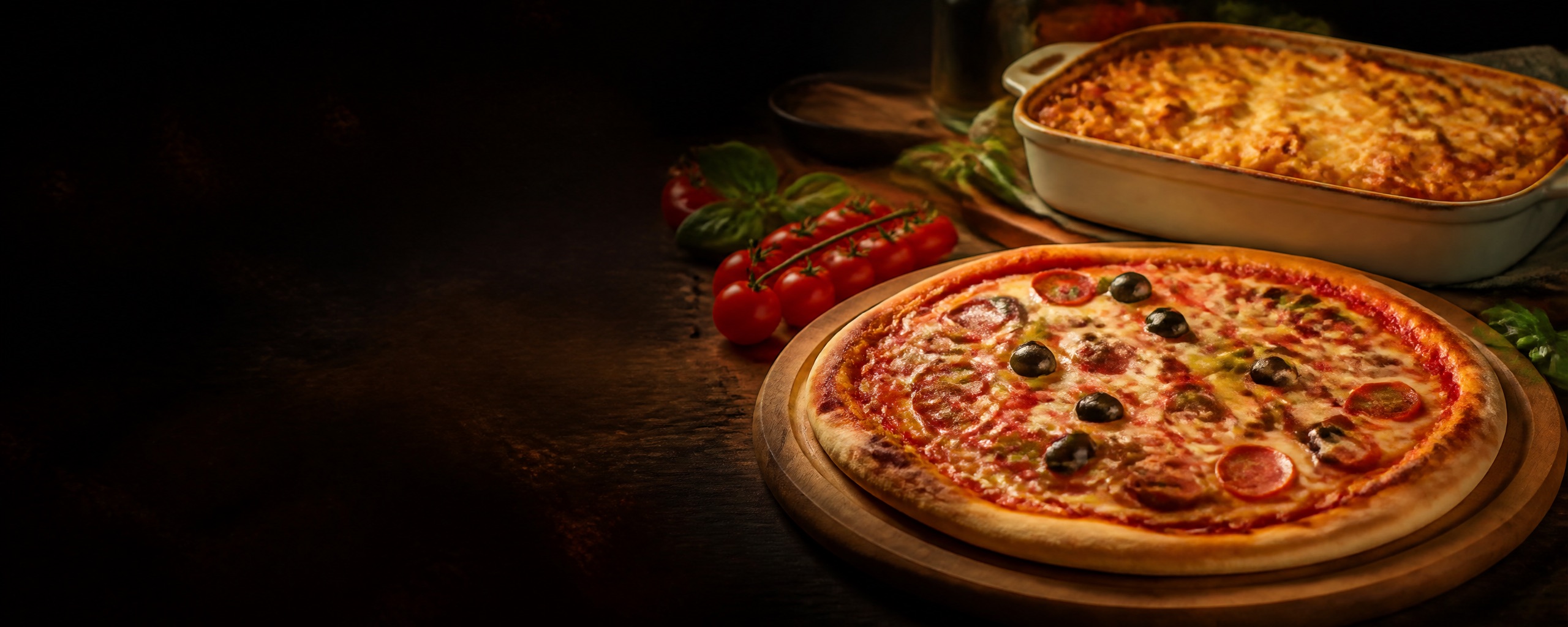 Ofenfrische Pizza und überbackener Nudelauflauf